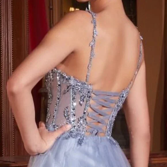 NEW LONG FORMAL A-LINE SLEEVELESS TULLE DRESS EMBROIDERED W/ FLORAL LACE CD0234